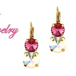 Crystal AB and Rose 2 Stone Crystal Earrings in Gold Plated Lever Back Settings
